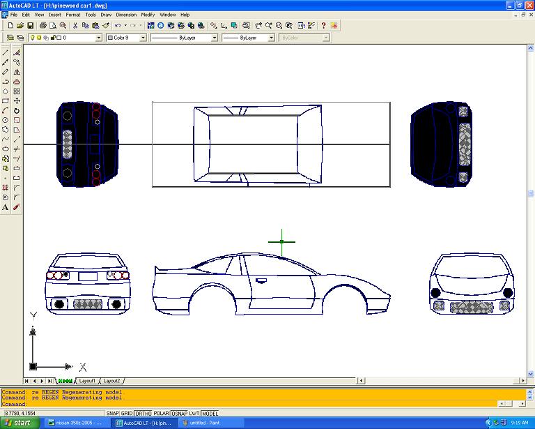 AutoCAD screenshot of orthographic multi-view line drawing of a sports car body in several views