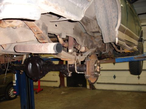 1996 Ford Bronco - Underside view of a 1996 Ford Bronco's rear axle and suspension system.