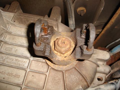 1996 Ford Bronco - Rusty driveshaft U-joint attached to a Borg Warner Automotive transfer case housing.