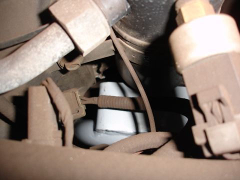 1996 Ford Bronco - Close-up view of various engine parts, including hoses and electrical connectors.