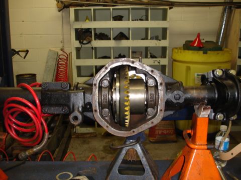 1996 Ford Bronco - A vehicle's differential assembly is shown with its cover removed, revealing the internal gears.