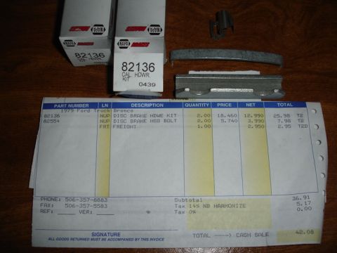 1996 Ford Bronco - Photograph of a NAPA parts cash-sale invoice listing brake hardware part numbers and prices, not a classifiable technical diagram.