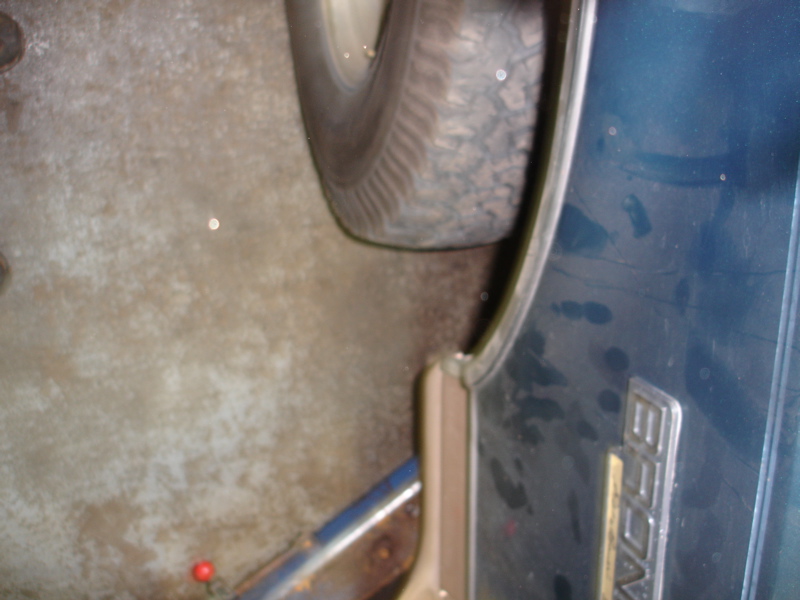 Close-up of 'BRONCO' emblem on a dark blue 1996 Ford Bronco door panel