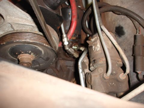 1996 Ford Bronco - Engine compartment details with focus on mechanical parts and fluid lines.