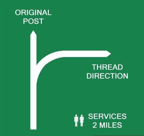 1968 Ford Mustang - Internet forum meme image mimicking a highway sign about thread direction; not a technical document.