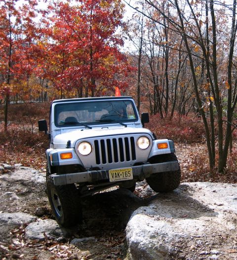 2002 Jeep Wrangler - A white Jeep Wrangler navigates a rocky trail during autumn, with colorful leaves on the trees.
