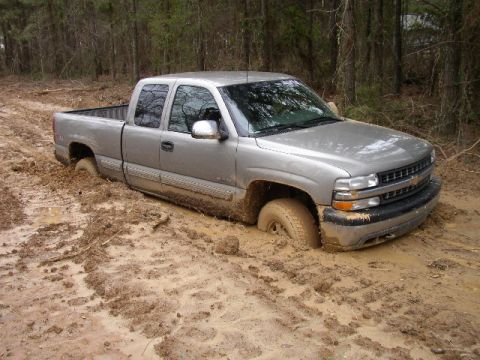 1995 Ford Bronco - A silver pickup truck is stuck deep in the mud in a wooded area.