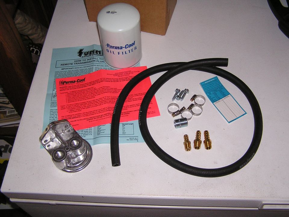 Perma-Cool remote transmission filter kit with filter, mount, hose, brass fittings, clamps, and instructions