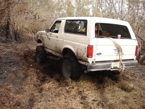 1989 Ford Bronco - A white Ford Bronco navigates a muddy, wooded area with its tires deep in the muck.