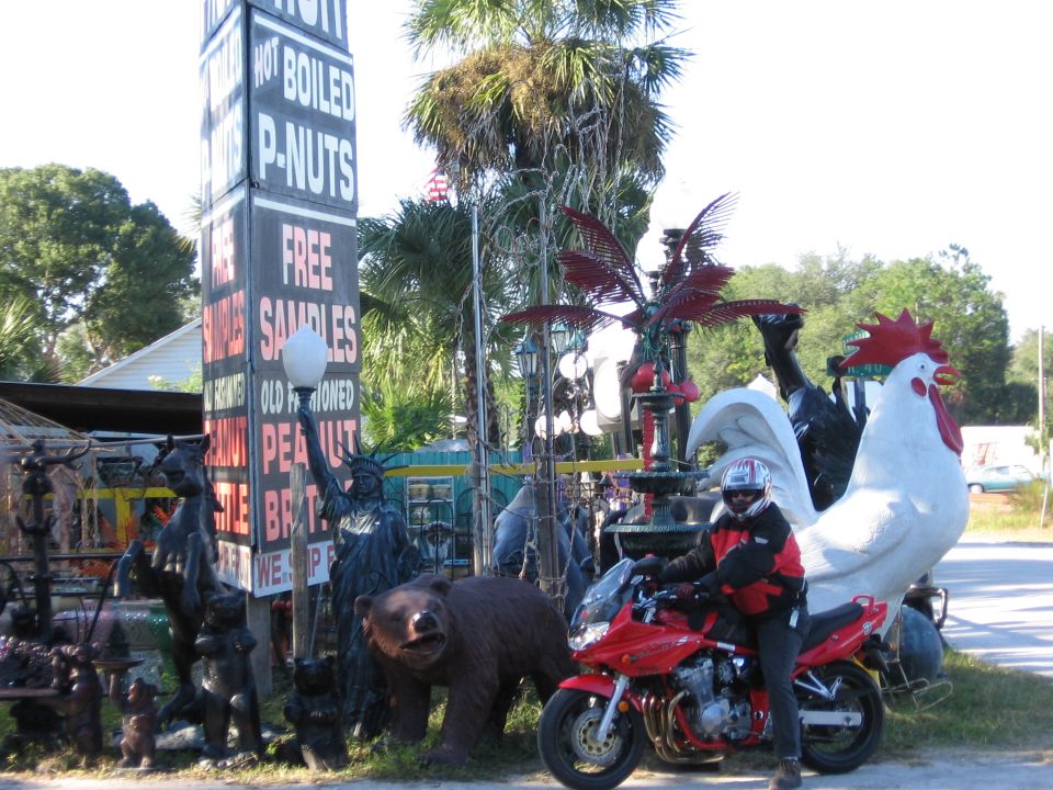Rider on red motorcycle parked by roadside attractions including a giant chicken and a statue of liberty
