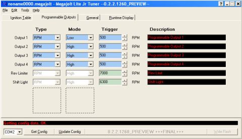 2001 Ford Mustang - The Megajolt Lite Jr Tuner software displays programmable outputs and rev limiter settings, with a "Getting config data. OK" status at the…