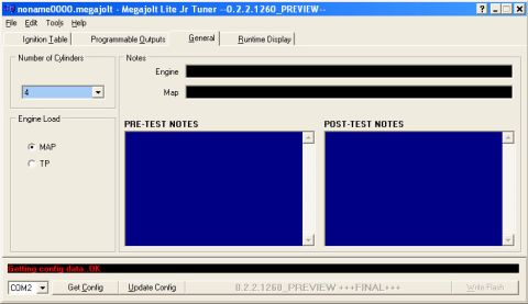 2001 Ford Mustang - Screenshot of the Megajolt Lite Jr Tuner software interface with configuration data displayed.