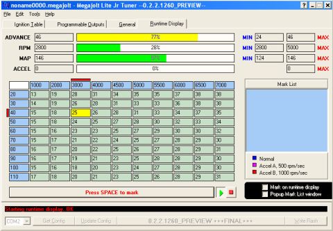 2001 Ford Mustang - This is a screenshot of engine tuning software, displaying various engine parameters and a data table.