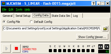 2001 Ford Mustang - The MJCMSIM software interface is displayed on a computer screen, showing configuration data and connection status for COM1.