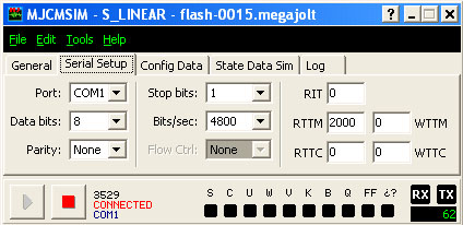 2001 Ford Mustang - Screenshot of MJCMSIM S_LINEAR software, displaying serial communication settings.