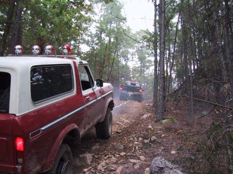 1995 Ford Bronco - A red and white Ford Bronco drives on a wooded trail, followed by another vehicle.