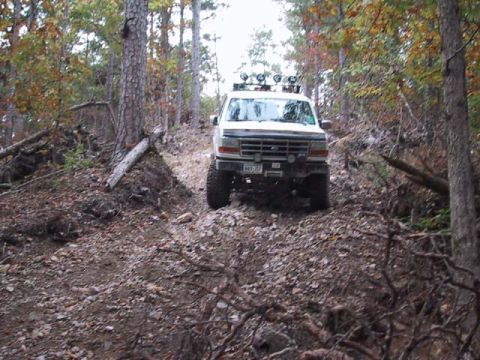 1995 Ford Bronco - 1995 Ford Bronco navigates a challenging off-road path through a forest.