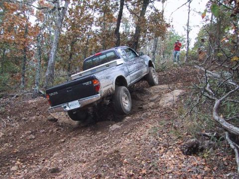 1995 Ford Bronco - A Toyota Tacoma navigates a challenging off-road path in a wooded area.