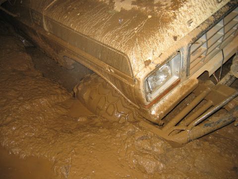 1992 Ford Mustang - This Ford truck is deeply stuck in mud, with only the front end visible.