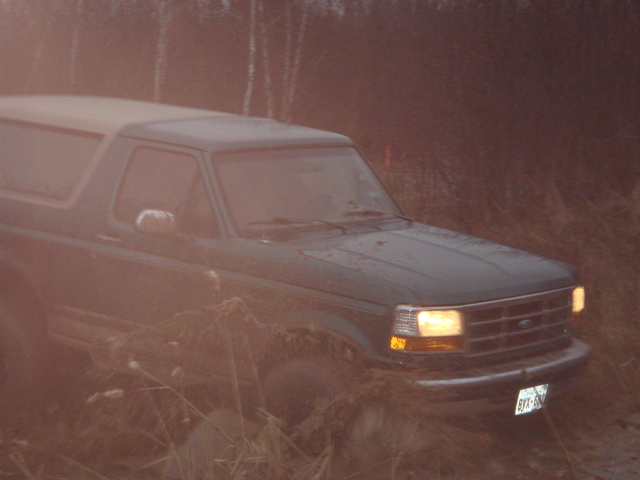 Dark green Ford Bronco parked off-road with tall grass and trees in the background. License plate is visible