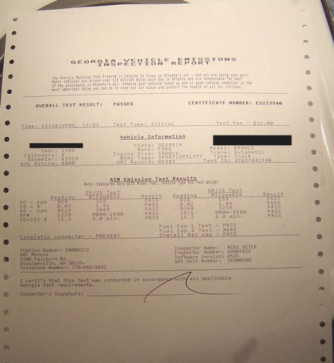 1986 Ford Bronco - This document details the emissions test results for a 1986 Ford Bronco, including various readings and overall pass status.