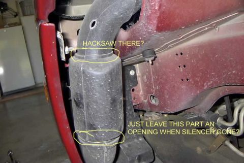 1999 Ford Taurus - A close-up view of a vehicle's exhaust system, with text asking about a hacksaw and leaving an opening when the silencer is gone.