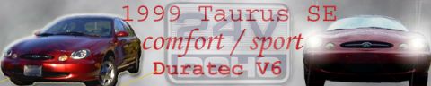 1999 Ford Taurus - A red 1999 Ford Taurus is shown from the front-right, with text indicating model details.