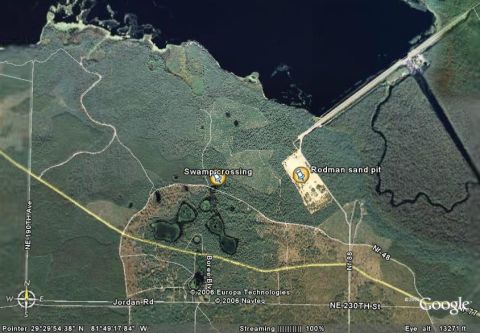 1989 Ford Bronco - This satellite image shows a rural landscape roads, water bodies, and a sand pit, with labels indicating 'Swamp crossing' and 'Rodman sand…