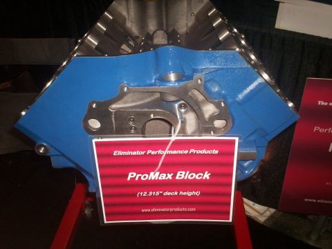 1990 Ford Mustang - A blue engine block labeled "ProMax Block" is displayed, with text indicating it is from "Eliminator Performance Products".