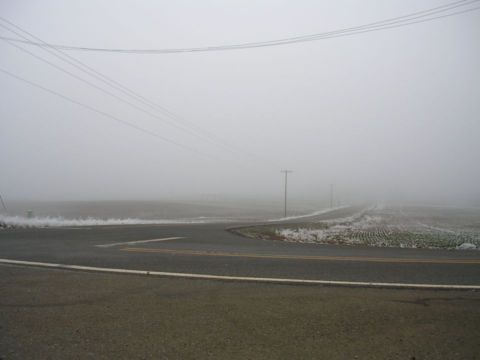 Foggy rural intersection with a paved road curving into the distance past fields with some frost. Power lines cross the sky