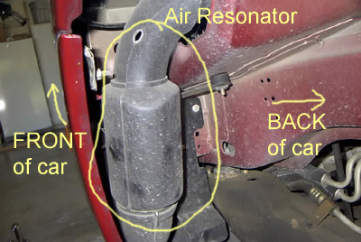 1999 Ford Taurus - Close-up view of the air resonator assembly on a red vehicle, with labels indicating front and back.