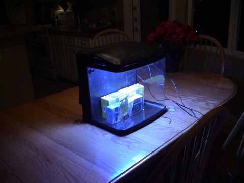 1993 Ford C-350 (Centurion Conversions) - An aquarium with blue lighting sits on a wooden table, illuminated by its internal lights.