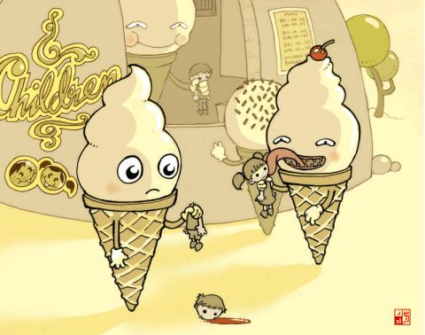 1993 Ford Bronco - An unsettling scene depicts anthropomorphic ice cream cones with menacing expressions, interacting with children in a surreal environment.