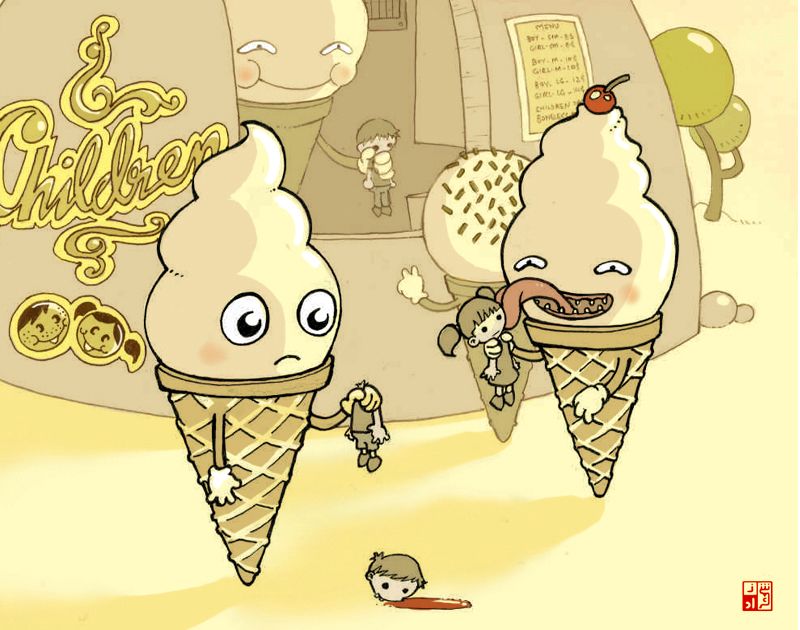 Creepy ice cream cones with faces and children, one holding a doll, another with a cherry on top