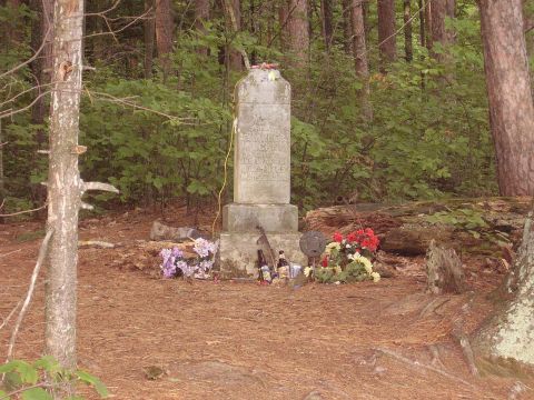 1996 Ford F-150 - A grave marker adorned with flowers and beer bottles sits in a forest clearing.