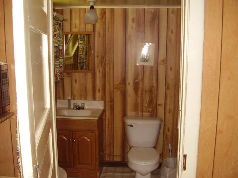 1996 Ford F-150 - Interior view of a bathroom with wood paneling and a sink and toilet.