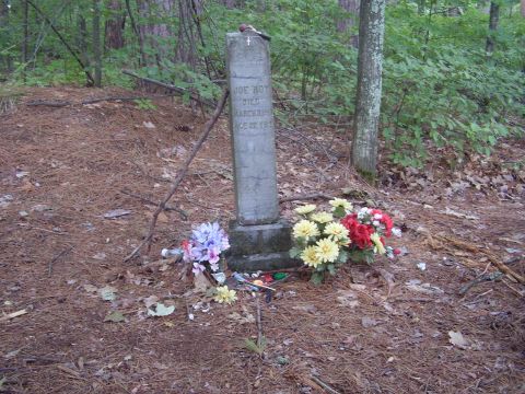 1996 Ford F-150 - A gravestone in a forest setting, adorned with artificial flowers and small offerings at its base.