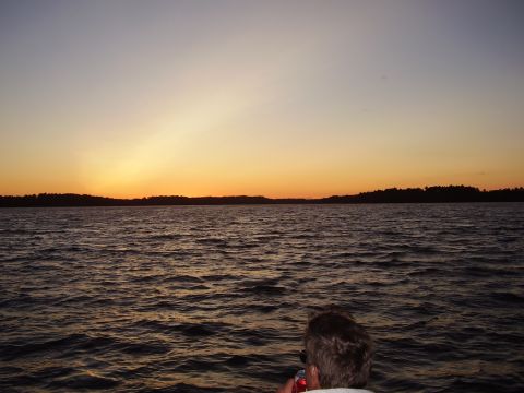 1996 Ford F-150 - A person enjoys the view of a lake at sunset, with the sky painted in warm orange and purple hues.