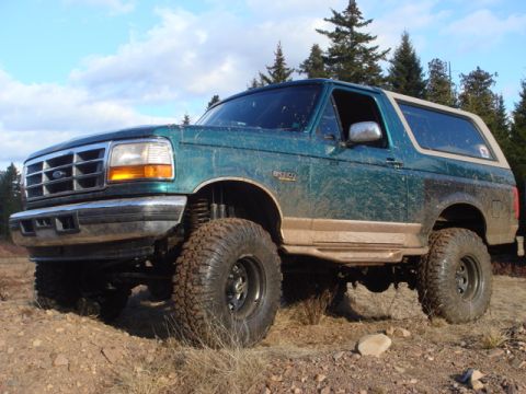 1996 Ford Bronco - This lifted 1996 Ford Bronco is shown off-road with a green exterior and tan removable top.