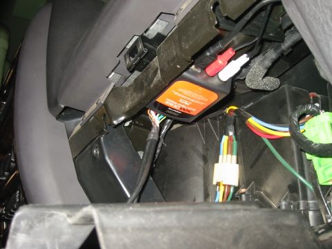 2000 Jeep Cherokee - First attempted mounting location of the interface box that talks to the stereo. Didn't work out too well; ended up relocating the box.