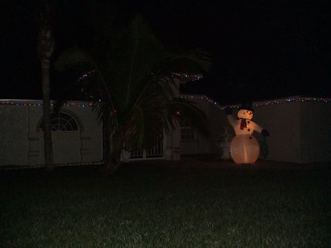 1993 Ford C-350 (Centurion Conversions) - A nighttime scene shows an inflatable snowman and Christmas lights decorating a house.