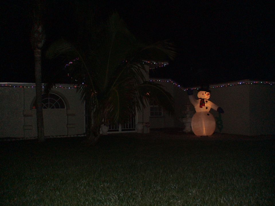 Inflatable snowman and Christmas lights on a house at night