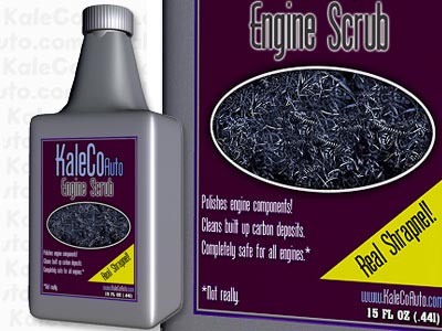 1989 Ford Bronco - A bottle of engine scrub is shown with a label detailing its cleaning properties and a humorous warning.
