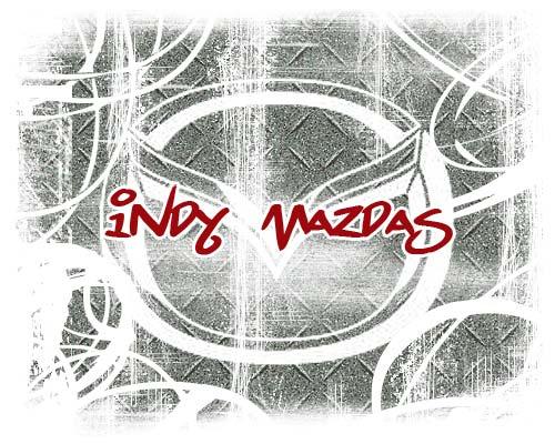 Mazda logo with red text 'Indy Mazdas' overlayed, on a textured background with 'SUPERMOTORS' logo at bottom right