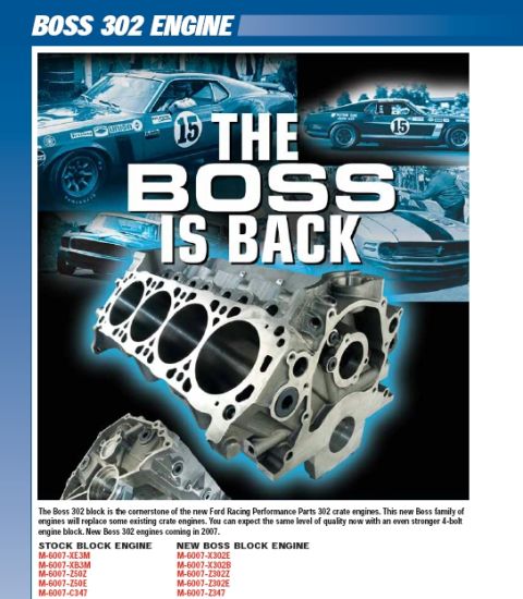 1990 Ford Mustang - Advertisement for the Ford Boss 302 crate engine, images of classic Mustangs and the engine block itself.