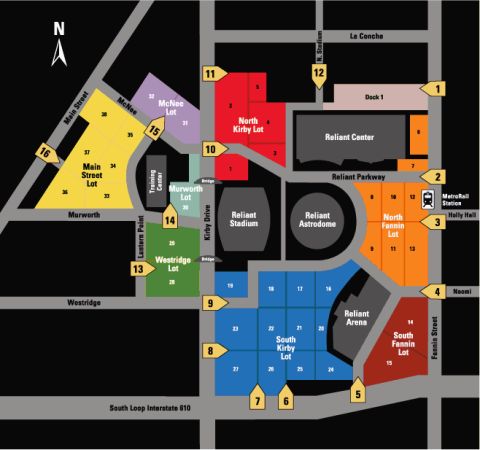 1986 Ford Bronco - Color-coded parking and venue map of the Reliant Park complex showing numbered lots, gates, and surrounding streets.