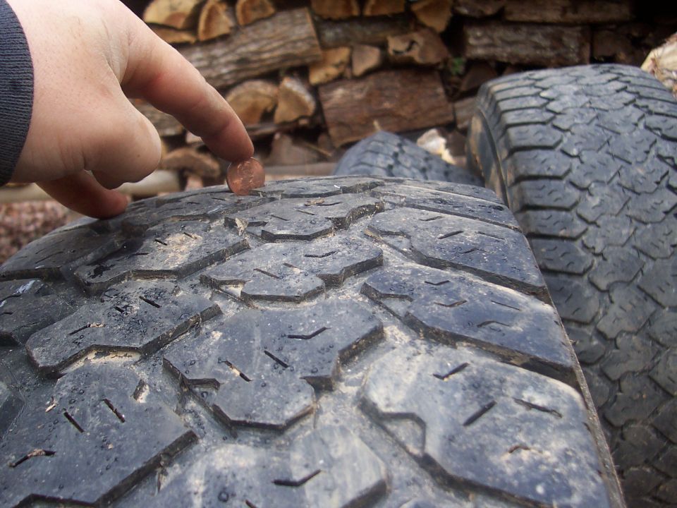 Tire tread depth measured with a penny