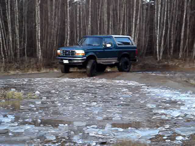 Dark blue Ford Bronco parked on a dirt road with trees behind it