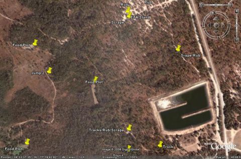 1985 Ford Bronco - This satellite image shows a rural landscape with various annotations indicating wildlife activity and locations.