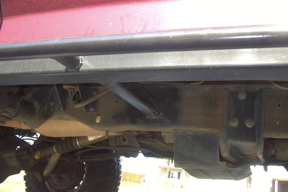 Underbody view of vehicle sliders and suspension components